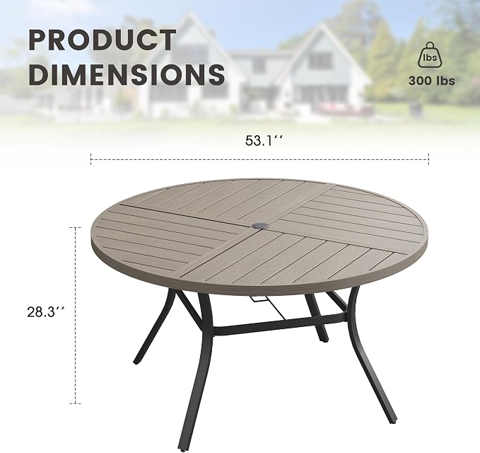 53.1" Outdoor Dining Table with Adjustable Umbrella Hole, Metal Slatted Round Patio Dining Table for Backyard Garden Deck, Antique Grey