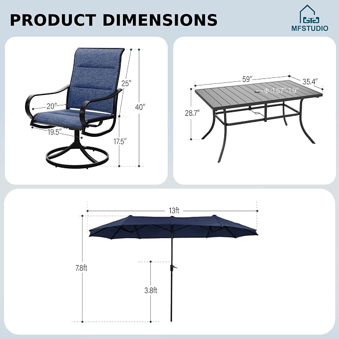 MFSTUDIO Outdoor Dining Set for 6, Patio Furniture Set with Navy Umbrella (Base not Included), Outdoor Rectangle Metal Table and 6 Padded Navy Sling Chairs Set for Patio, Deck, Backyard, Garden