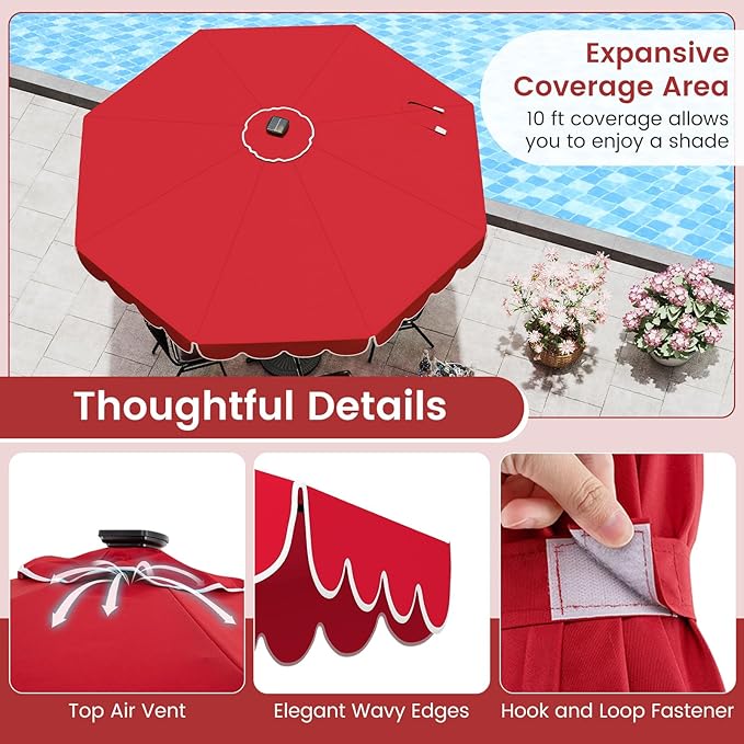HAPPYGRILL 10 FT Patio Umbrella with Solar Lights, Market Sunshade with Ruffles, Vented Top, Tilt Adjustment & Built-in Crank, Outdoor Parasol Canopy for Backyard Poolside Deck Beach Lawn