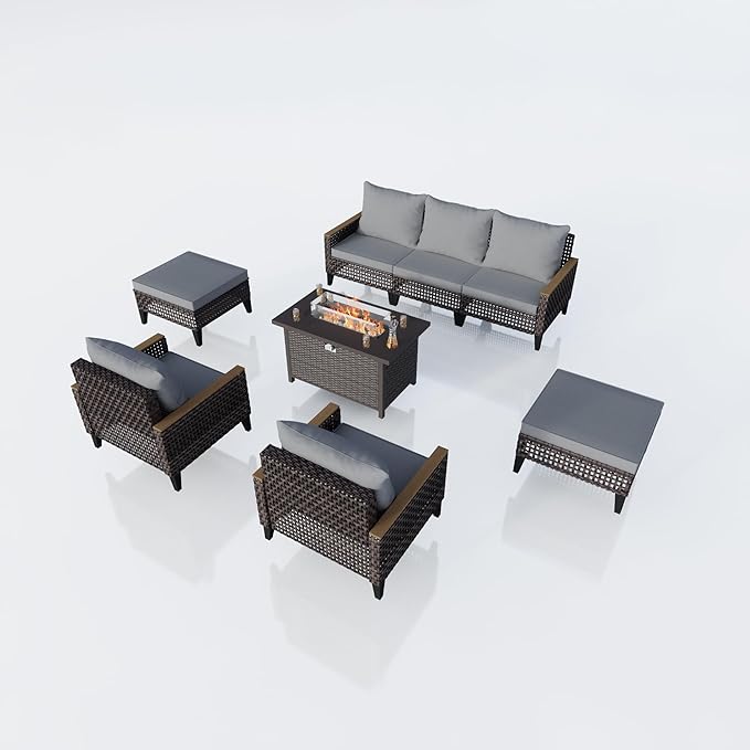 8 Pieces Patio Conversation Sets, Outdoor Furniture Set with Fire Pit Table, Wicker Rattan Sectional Modular Sofa Seating Set for Porch, Poolside, Deck, Balcony, Backyard, Yard, Garden (Gray Cushions)
