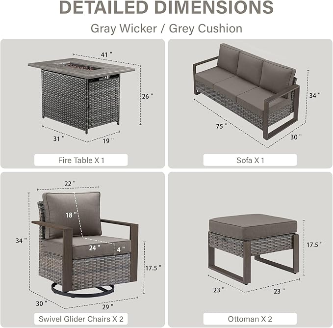 Belord 6 Piece Outdoor Patio Furniture Set with Propane Fire Pit Table, Wicker Patio Conversation Set with 2 Swivel Rocker Chairs Rattan Sofa and Removable 4" Thick Cushions for Deck Backyard