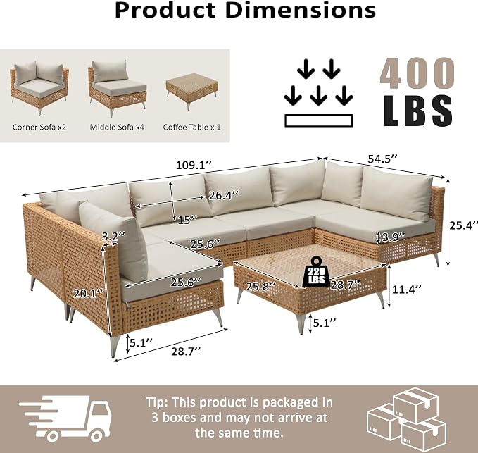 VilroCaz 7-Piece Outdoor Patio Furniture Set, Wicker Sectional Sofa wThick Seat Cushions, All-Weather Conversation Sofa Sets with Coffee Table for Outdoor Couch, Porch, Backyard (Beige-7C)