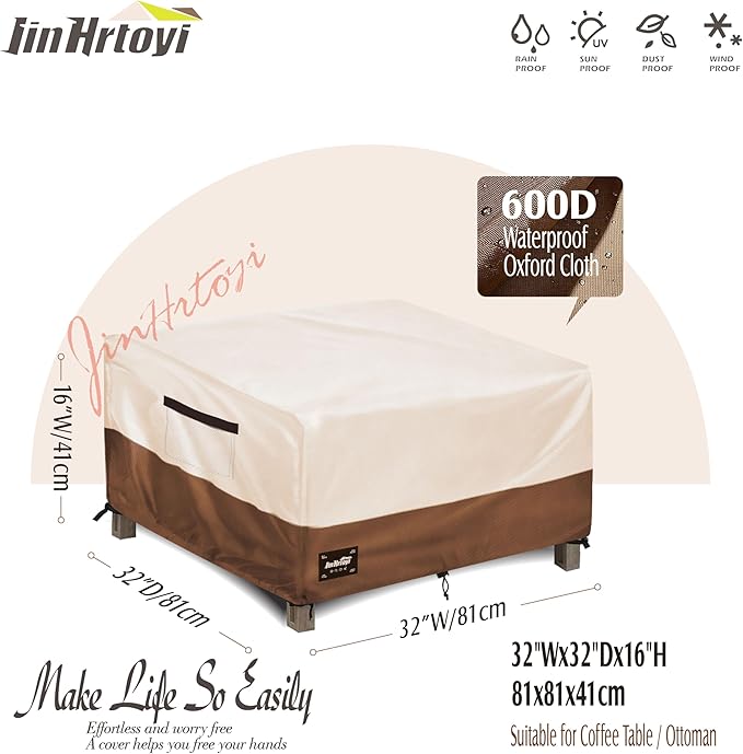 JinHrtoyi Patio Square Table Cover,32Wx32Dx16H Inches 100% Waterproof Heavy Duty Outdoor Coffee Table Cover,Beige&Brown Modern Style Outdoor Furniture Covers