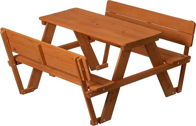 Gardenised Wooden Kids Picnic Bench with Backrest, Outdoor Children's Backyard, Crafting, Dining, and Playtime Patio Table, Stained
