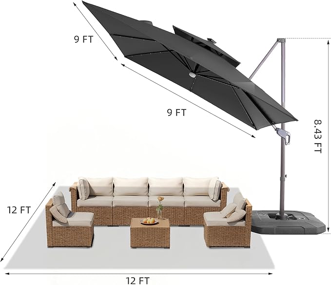 JZAC & QZYD 9x9 FT Outdoor Cantilever Patio Umbrella with Base Included and Solar LED Lights, Large Heavy Duty 2-Tier Square Aluminum Offset Umbrellas with 360-Degree Rotation for Pool Deck, Grey