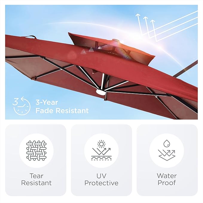 9' X 12' Patio Umbrella with LED Lights Outdoor Cantilever Large Rectangle Offset Umbrellas Heavy Duty Aluminum Double Top with 360-degree Rotation for Pool Garden Deck, Red