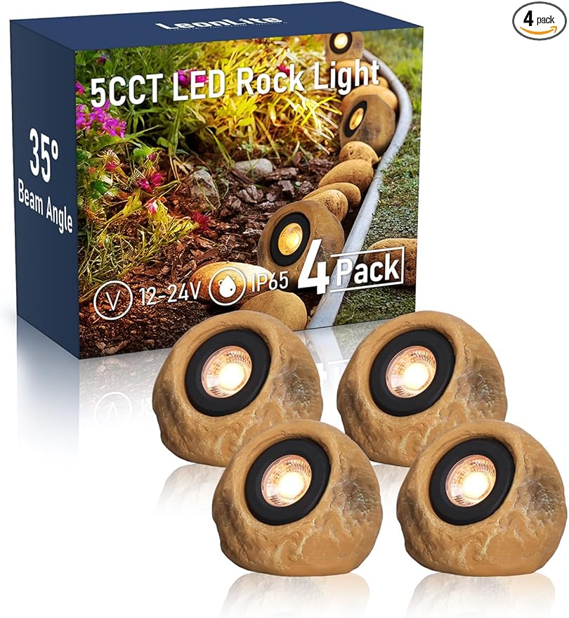 LEONLITE 5CCT LED Rock Lights Outdoor, 5W Low Voltage Landscape Spot Light for Garden, Yard, Decorative Stone Light, 12-24V AC/DC, CRI90, 200lm, IP65 Waterproof, Round, Yellow, Pack of 4