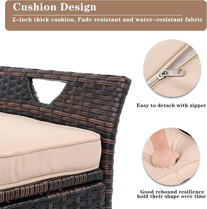 33 Gallon Outdoor Wicker Storage Bench with Cushion, Rattan Storage Box, 2-in-1 Large Capacity Rectangle Garden Storage Box Wicker Deck Box with Handles＆Seat for Backyard, Balcony, Poolside (Brown)