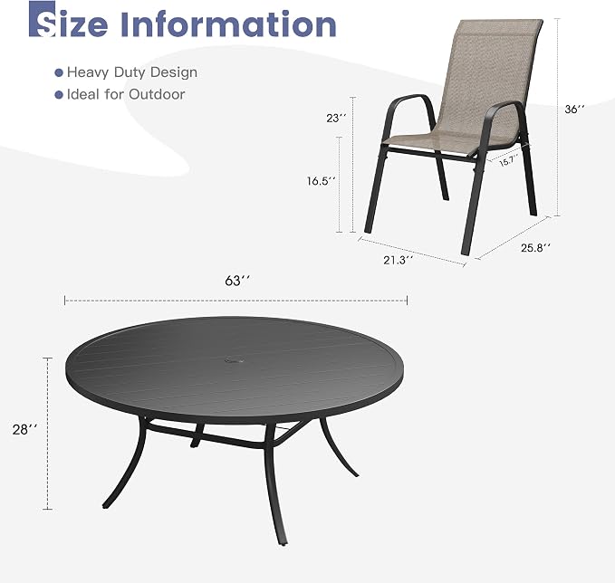 VICLLAX Round Patio Dining Set for 10, Metal Slatted Patio Table with Umbrella Hole and Stackable Patio Chairs for Deck Lawn Garden, Brown Fabric and Black Tabletop