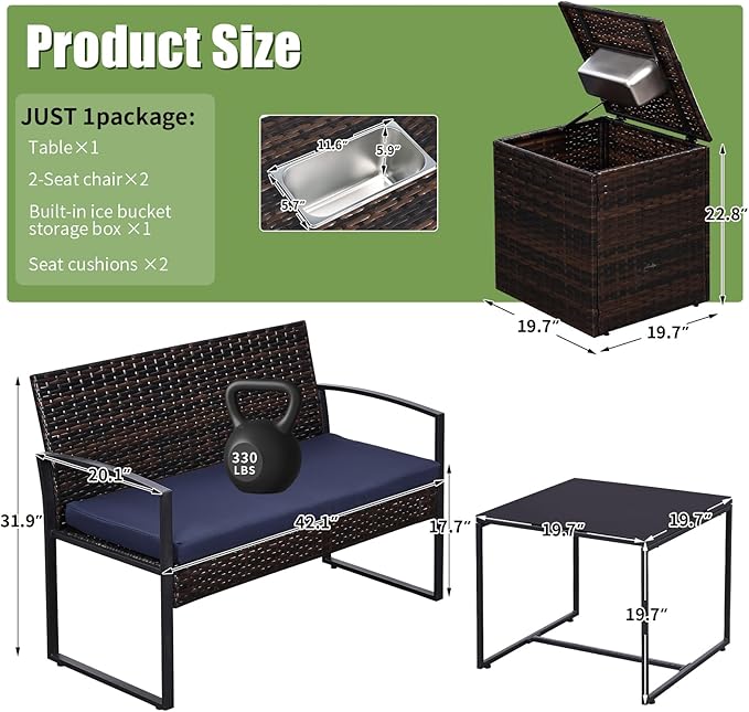 FHFO 5 Piece Outdoor Patio Furniture Set with 28”Gas Fire Pit Table & Ice Bucket Storage Box, Outdoor Wicker Rattan Patio Conversation Set for Outside, Poolside, Balcony, Porch, Brown-Blue