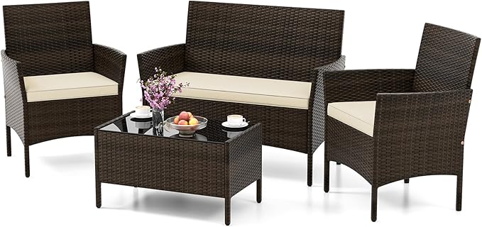 HAPPYGRILL 4 Pieces Outdoor Rattan Conversation Set, Patio Wicker Furniture Set with Loveseat Chairs & Tempered Glass Coffee Table, Outside Sectional Sofa Set for Backyard, Garden & Poolside