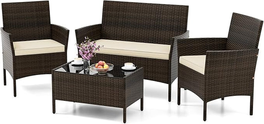 HAPPYGRILL 4 Pieces Outdoor Rattan Conversation Set, Patio Wicker Furniture Set with Loveseat Chairs & Tempered Glass Coffee Table, Outside Sectional Sofa Set for Backyard, Garden & Poolside