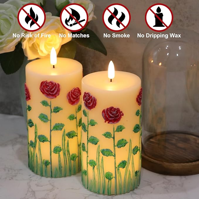 DRomance Roses Flower Flameless Candles Battery Operated with 6 Hour Timer 3D Wick Flickering LED Pillar Candles Real Wax Hand-Painted Dinner Christmas Holiday Decor(2 Pack, 3" D x 6.5" H)