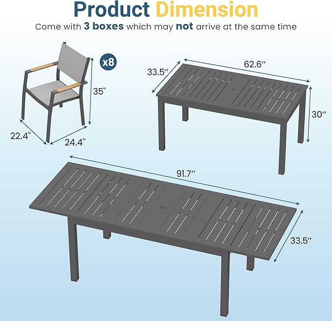 FansaFurn Patio Furniture Set with 92" Extendable Dining Table, Patio Table Set for 4–8 People, All-Weather Aluminum Outdoor Furniture, Outdoor Dining Set for Backyard, Porch, and Garde, Grey