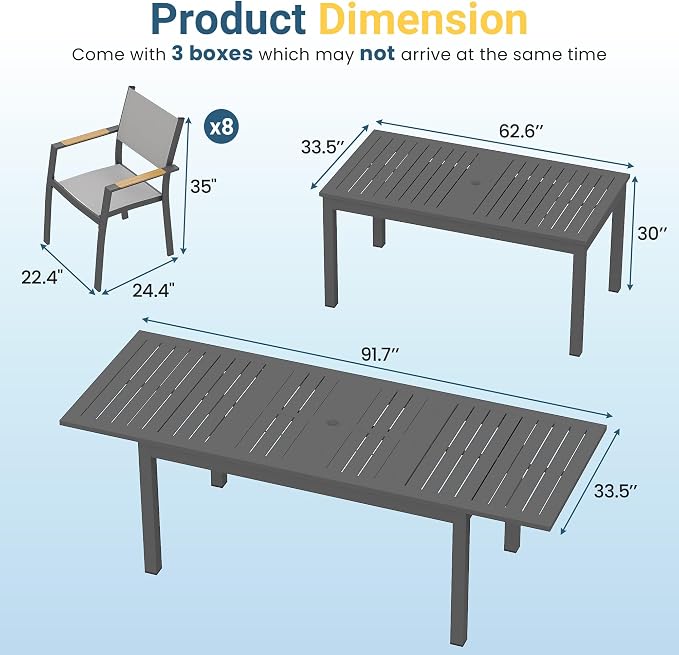 RoyalCraft Aluminum Outdoor Patio Table and Chairs Set with 91.7" L-62 L Expandable Dining Table, 9-Pieces Patio Furniture Set for 8, Outdoor Dining Set with Stackable Quick Drying Chairs, Grey