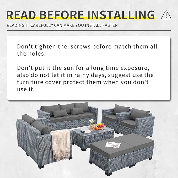 7 Piece Wicker Patio Furniture Sets Outdoor Conversation Set, PE Rattan Sectional Sofa Couch with Storage Table and Non-Slip Grey Cushions, Furniture Covers Included