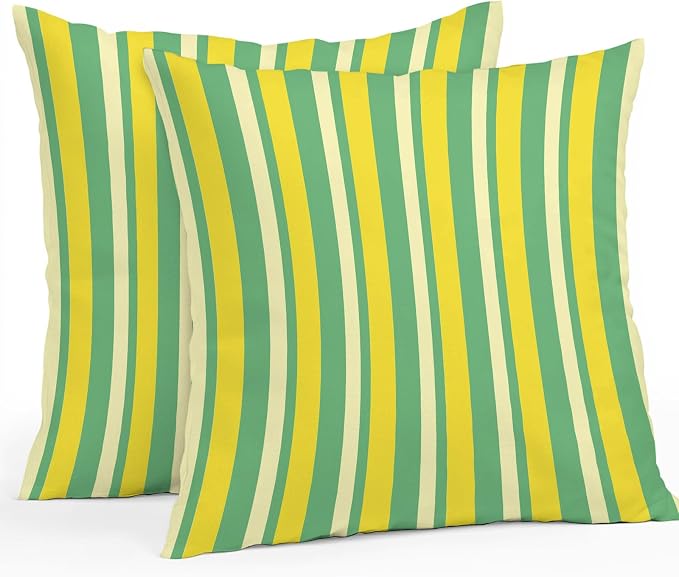 Lemon Green Yellow Outdoor Pillow Covers 16x16 Inch Throw Pillow Covers Set of 2 Waterproof Decorative Pillow Cases Summer Modern Farmhouse Striped Cushion Covers for Patio Furniture Garden Couch Sofa