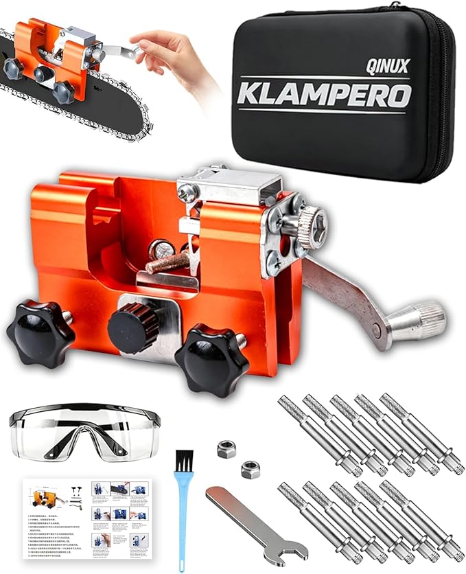Chainsaw Sharpener Tool, Hand Crank Chain Saw Sharpener with 30° Angle Guide & Adjustable Clamp, Portable Chainsaw Kit for 4-22" Chains Gas & Electric Chainsaws (Orange-Big+10 Head)