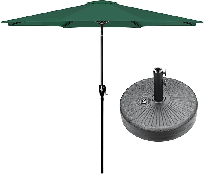 HealSmart 9' Patio Table Umbrella with Button Tilt, 8 Sturdy Ribs, 50lbs Base Stand Included, for Garden, Backyard, Deck, Pool, Green