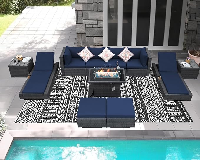NICESOUL 11 Piece Sectional Outdoor Set with Firepit Loungers, Extra Large Backyard Seating with Fireplace, 29.3'' Highback Deep Patio Couch Sofa, All-Weather Wicker Furniture Sets for Deck, Grey&Blue