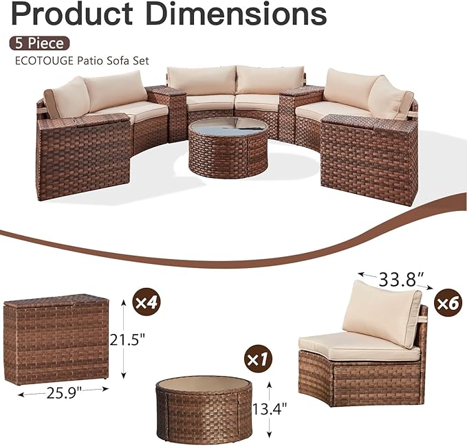ECOTOUGE Outdoor Patio Furniture, 11-Piece Half-Moon Sectional Patio Furniture Set Curved Sofa with Tempered Glass Round Coffee Table, Fit for Pool Backyard Balcony Porch Lawn(Beige/Brown)