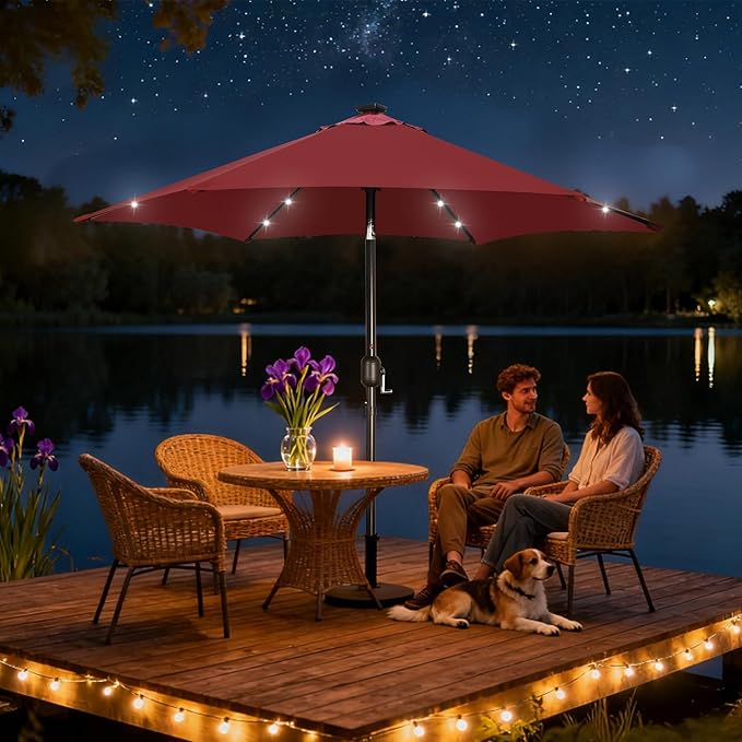 Blissun 7.5 ft Solar Umbrella, 18 LED Lighted Patio Umbrella, Table Market Umbrella