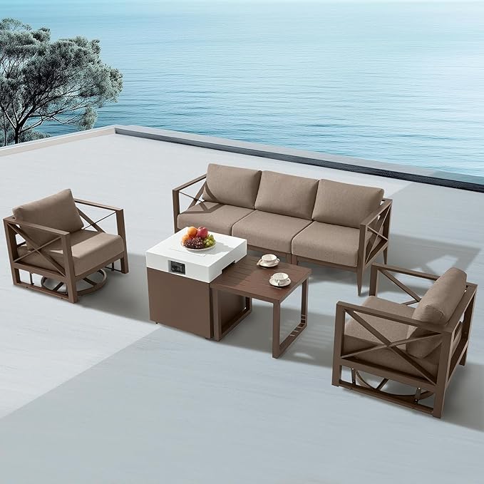 MBY 7-Piece Aluminum Patio Furniture Set with Fire Pit Table, Swivel Rocking Chairs & Oversized Sofa, All-Weather Outdoor Conversation Set for Backyard, Deck, Balcony – Brown