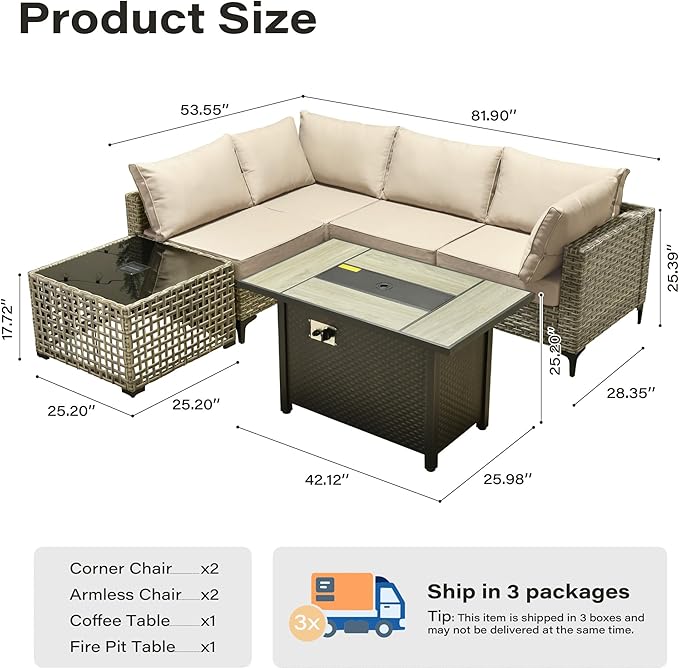 6 Pieces Patio Furniture Set with 42" Fire Pit, All-Weather Rattan Outdoor Sectional Conversation Sets L Shaped Sofas with Solar Light Coffee Table for Porch Balcony Backyard Beige