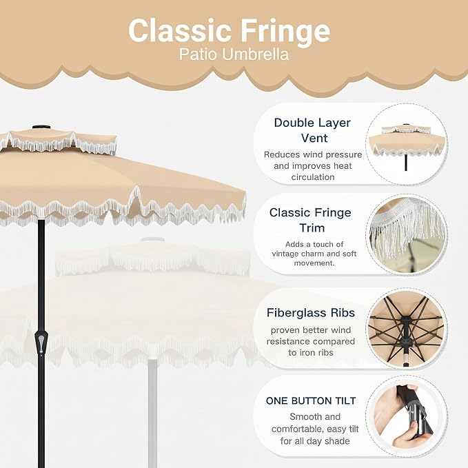 Patiokingdom 9FT Patio Umbrella with Fringe,Tassel Umbrella UPF 50+ & Push-Button Tilt,Rust-Resistant Fiberglass Frame for Pool,Garden,Backyard,Yard (Khaki -1)
