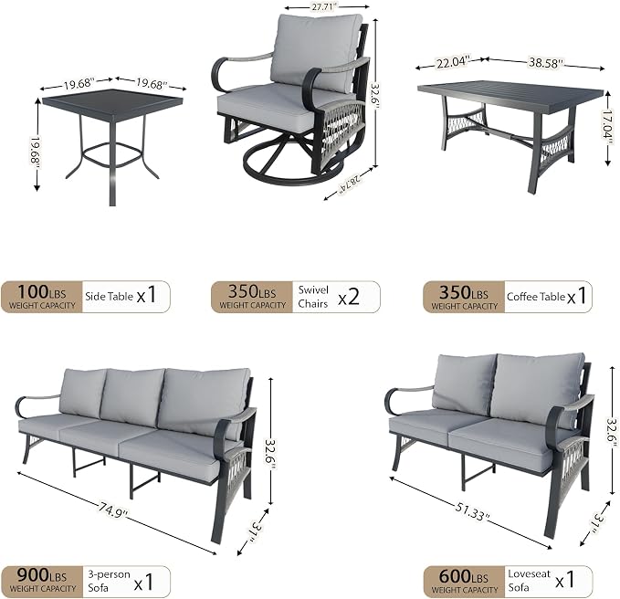 6 Pieces Patio Furniture Set, Metal Outdoor Conversation Sets with Swivel Chairs, Modern Couch Sofa Seating Group with Coffee Table and Side Table (Thick Gray Cushions)