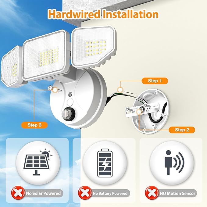 65W Dusk to Dawn Flood Lights Outdoor, 6500LM LED Outdoor Light, IP65 Waterproof, 6500K Daylight, 3 Adjustable Heads LED Security Light with Photocell for Yard Garage Porch White