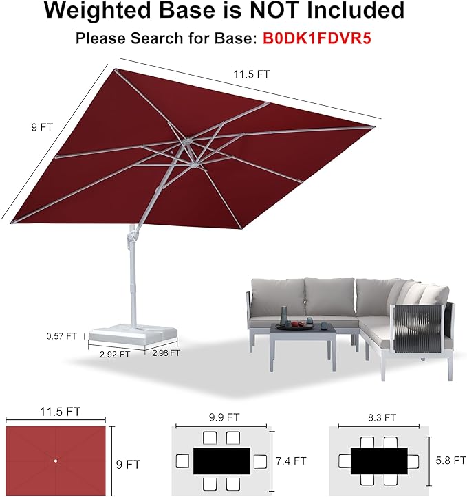 PURPLE LEAF 9' × 11.5' Patio Umbrella White Cantilever Umbrella Aluminum Square Outdoor Offset Umbrella Hanging Windproof with 360° Rotation for Garden Deck Pool, Red