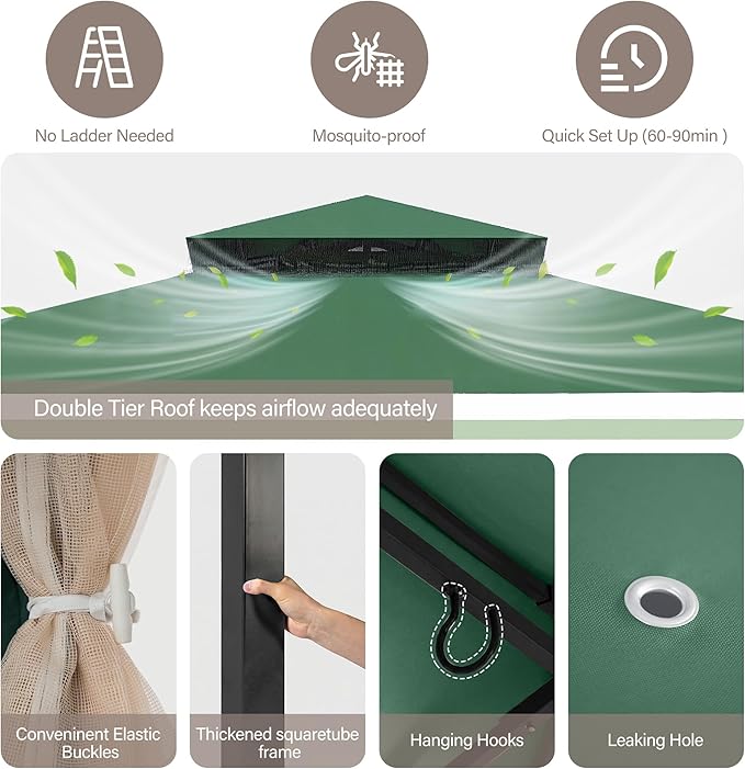LAUSAINT HOME 12'x12' Outdoor Gazebo, Metal Frame Heavy Duty Patio Canopy Tent Shelter with Double Roofs, Mosquito Nettings and Privacy Screens for Backyard, Garden, Lawn, Forest Green