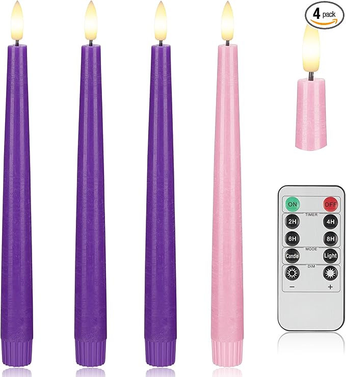 Flamelss Advent Candles, 9.6" Real Wax Flameless Taper Candles with Remote, 4 Pack Flickering LED Candle Battery Operated Candlesticks for Christmas, Catholic, Advent, Wreath, Purple and Pink