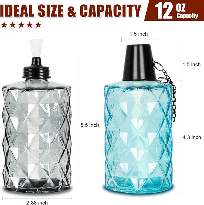 Nonley Glass Table Top Torches, 4 Pack Citronella Torches for Outside, 12oz Flame Light Torch,Refillable, Wick and Cap Included, Landscape Lanterns Torches for Garden Yard Patio Party Décor