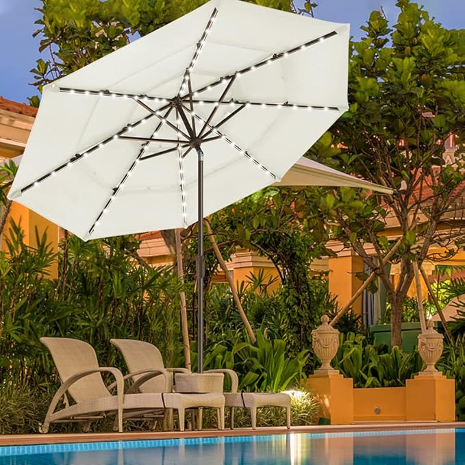 EliteShade USA 10-Year-Non-Fading 9ft 3-Tier Market Patio Umbrella, Commercial Table Umbrella with 80 Solar LED Lights, Crank Open, Windproof & UPF 50+ UV Protection for Garden, Deck, Pool, Backyard, Natural
