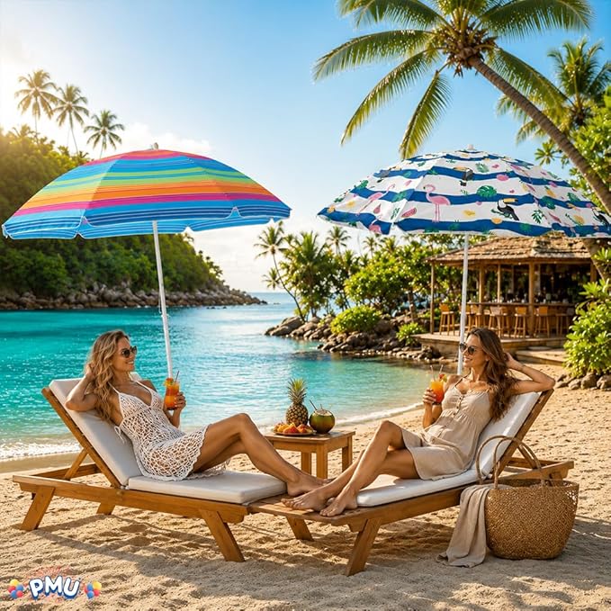 PMU 6 Pcs Set Beach Umbrella 72in Open – Tropical Flamingo Print & Rainbow Stripe, 160G Polyester Large Outdoor Patio Pool Parasol Umbrella for Garden, Deck, Backyard & Pool