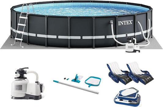 INTEX 26345VM Ultra XTR 26ft x 52in Above Ground Swimming Pool Set with Sand Filter Pump, Inflatable Lounge Pool Recliners (2-Pack) and Inflatable Beverage Cooler