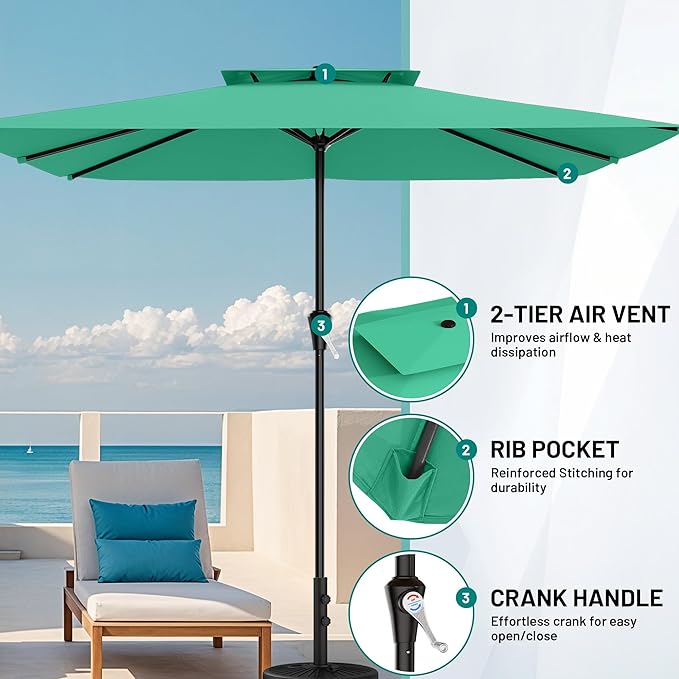 AreShark 8'x10' 2 Tiers Rectangular Patio Umbrella - Outdoor Umbrella Waterproof UV Protection, Market Table Umbrella w/Crank for Pool, Backyard, Deck(Turquoise)