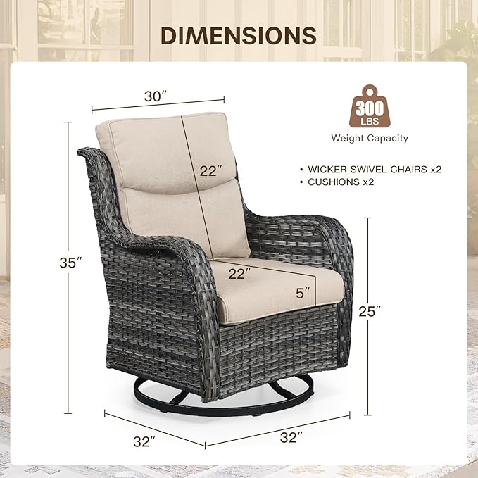 Patio Swivel Chair Set of 2, Resin Wicker Swivel Patio Glider Chairs with Smile-Shaped Cushions, High Back Luxury Swivel Patio Chairs for Outdoor, Brown Wicker|Beige Cushions