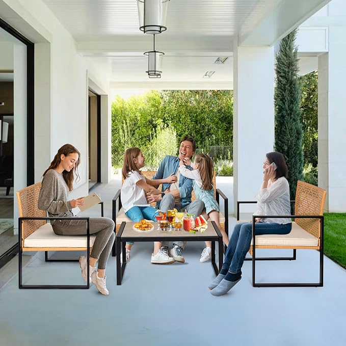 PROHIKER 4 Pieces Patio Furniture Set, Outdoor Wicker Patio Conversation Sets with Cushion and Glass Table, Front Porch Furniture Sets for Yard Pool Backyard Garden