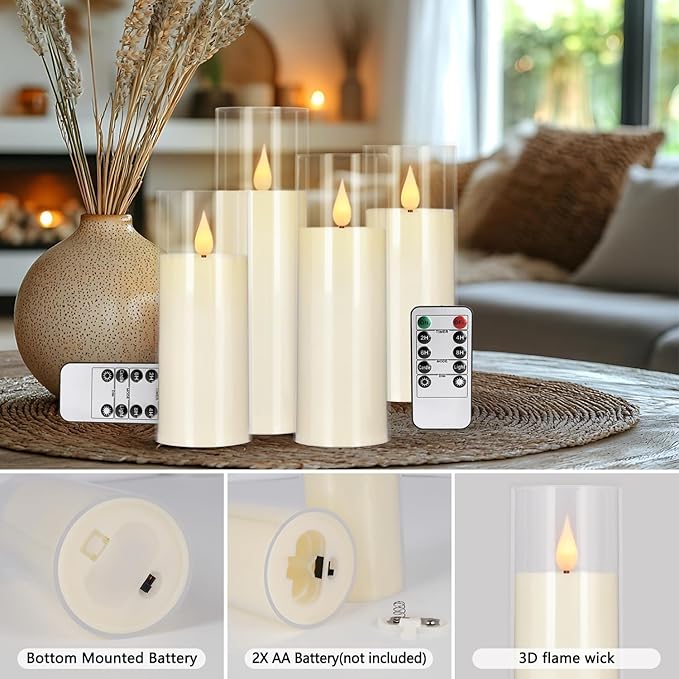 Enpornk Set of 24 Flameless Led Battery Opeated (D2.2'' x H5''6''7'') Realistic Moving Wick Candles with 10-Key Remotes and Cycling 24 Hours Timer
