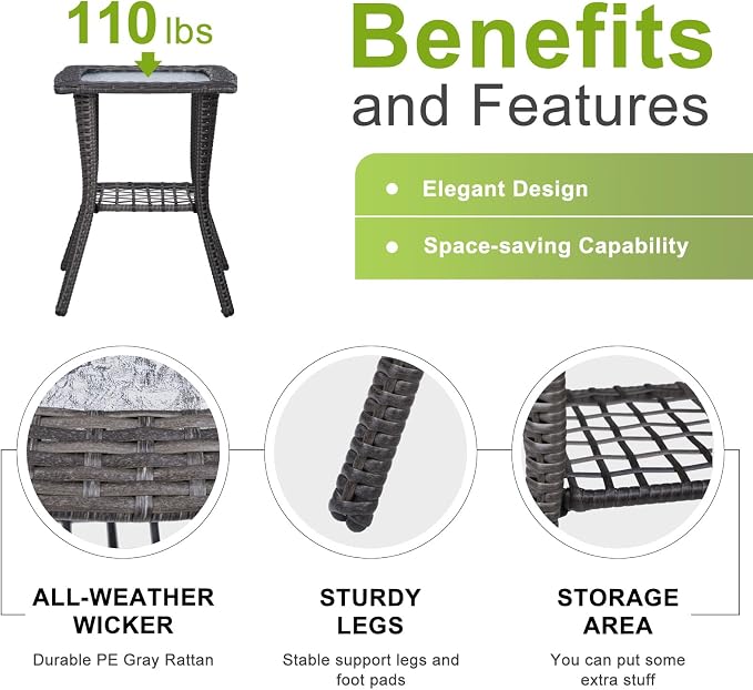 Outvita Rattan Outdoor Side Table with Glass Top & Storage Shelf | Small patio end coffee table, multi-scene furniture for porch, backyard, balcony and indoor living room use