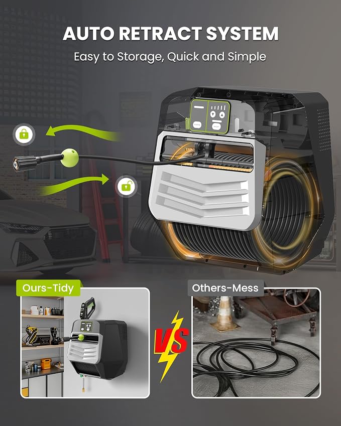 Wall Mounted 𝐌𝐀𝐗 𝟓𝟓𝟎𝟎𝐏𝐒𝐈 𝐏𝐫𝐞𝐬𝐬𝐮𝐫𝐞 𝐖𝐚𝐬𝐡𝐞𝐫,4 Nozzle Tips,5 Levers 3.6GPM Power Washer,100FT Hose,Automatic Rewind,5 Nozzles for Car Clean Machine/Car/Driveway/Patio Clean,Black