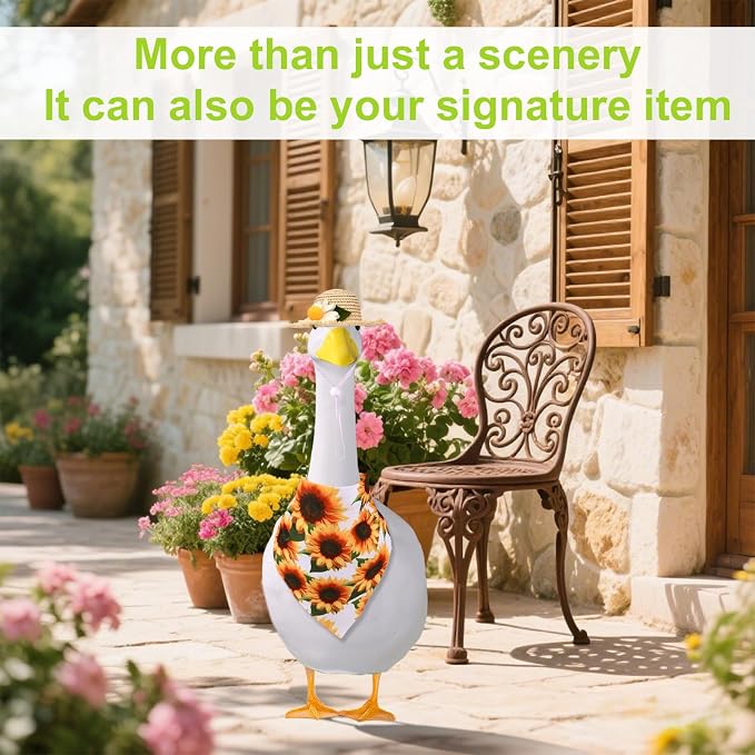 Lyreh Porch Goose Outfits, Hawaiian Sunflower Pastoral Style Goose Clothes Set Straw Hat & Scarf Costume for 23/17" Lawn Statue for Outdoor Garden Yard Patio Decor Accessories