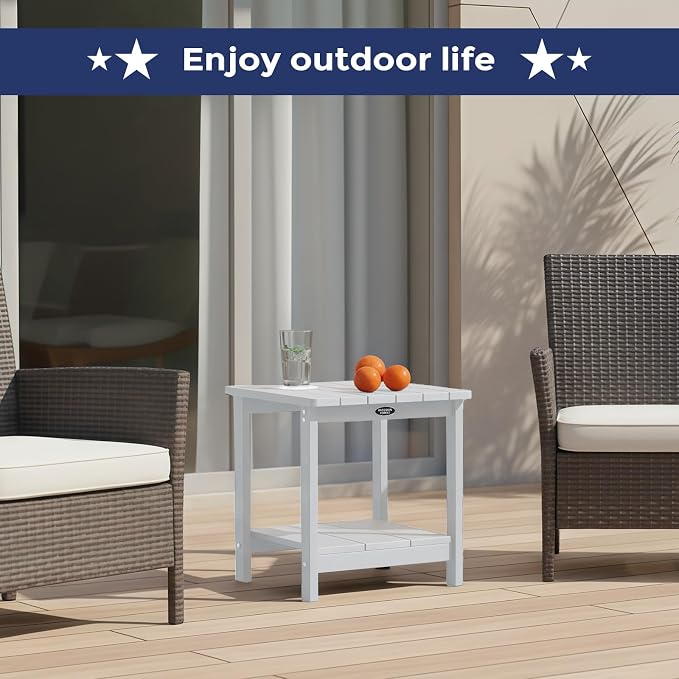 Adirondack Square Outdoor Side Table, 2-Tier Small Patio Side Table, HDPS End Tables for Porch, Deck, Backyard, Garden, Poolside, Beach, Easy Assembly, White