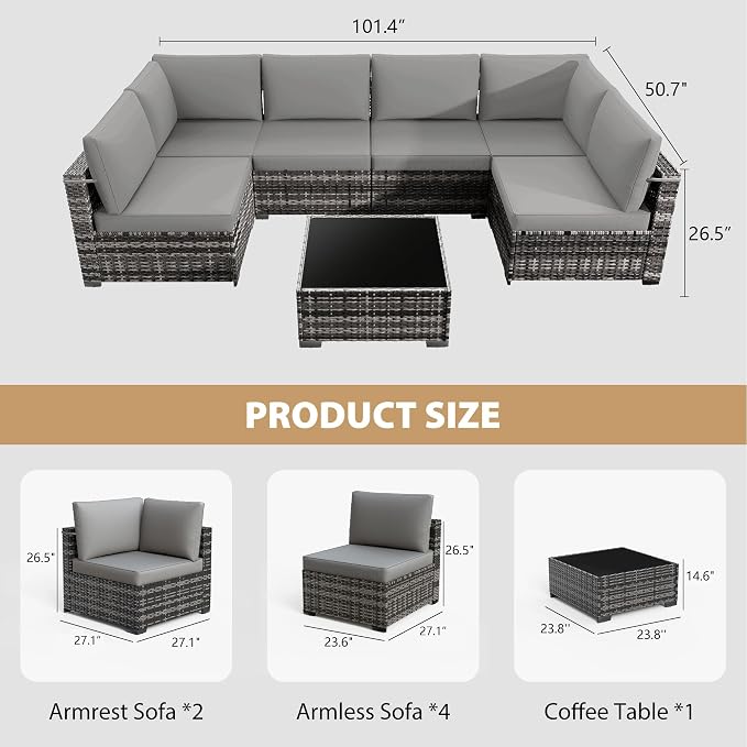 KIGOTY Patio Furniture Set,7 Pieces Modular Outdoor Sectional Sofa, PE Rattan Patio Conversation Set, All Weather Wicker Patio Furniture with Cushions and Coffee Table（Light Grey/Light Grey）