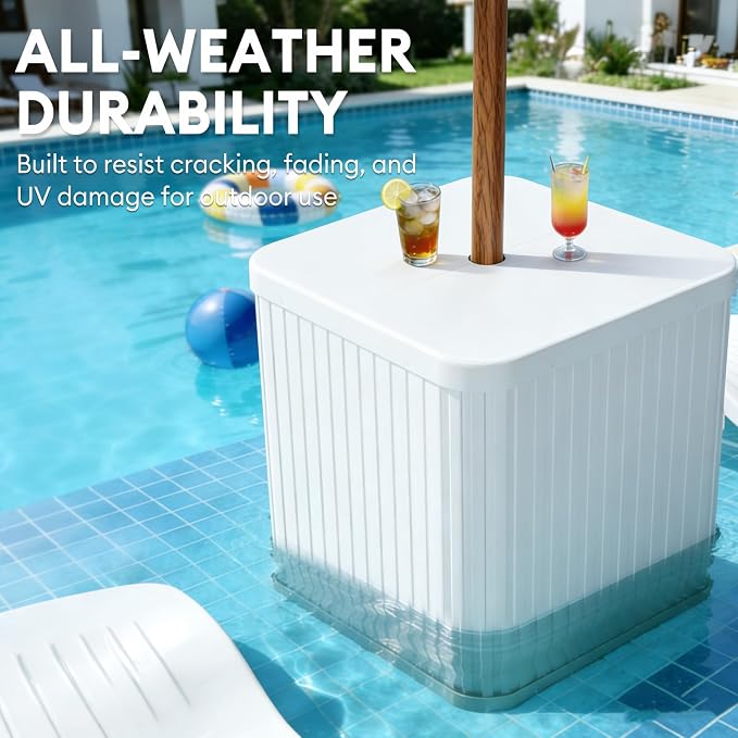 Umbrella Side Table - Hyperzoo Outdoor Patio Table with Umbrella Hole, Heavy Duty Plastic Poolside Table Holds 132 lbs with Water Filled Base, Fits ≤1.5”Umbrella Pole for Poolside & Backyard, White