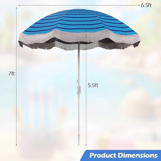 6.5 FT Outdoor Fringe Umbrella, UV 50+ Protection Boho Umbrella with Sand Anchor, Tilt Sun Shelter& 8 Ribs, Portable Beach Umbrella with Carry Bag, Vintage Patio Umbrella for Deck Poolside