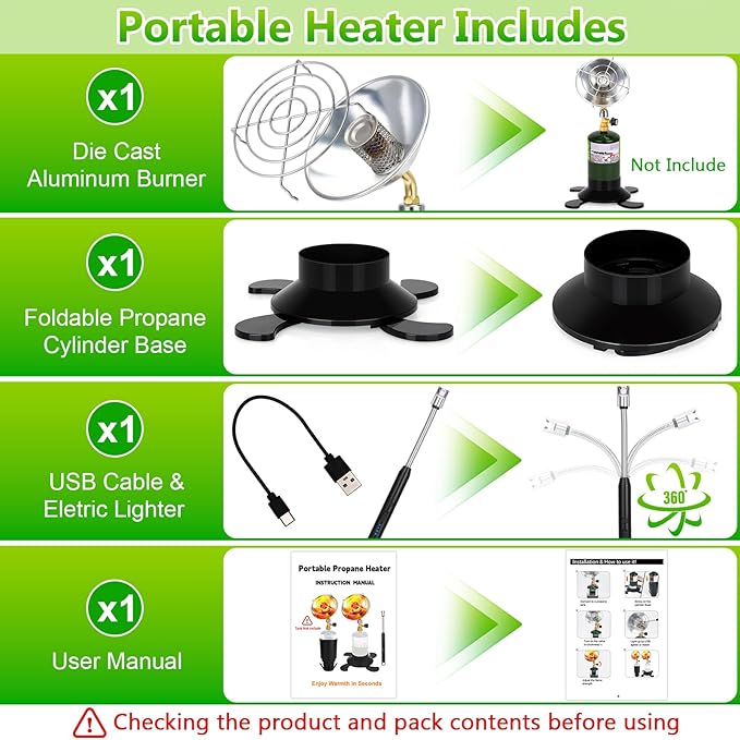 Portable Propane Heater for Outdoor Camping - Cordless Space Patio Heater with Control Valve & Foldable Tank Holder, Tent Heater for Winter Hiking Ice Fishing Hunting